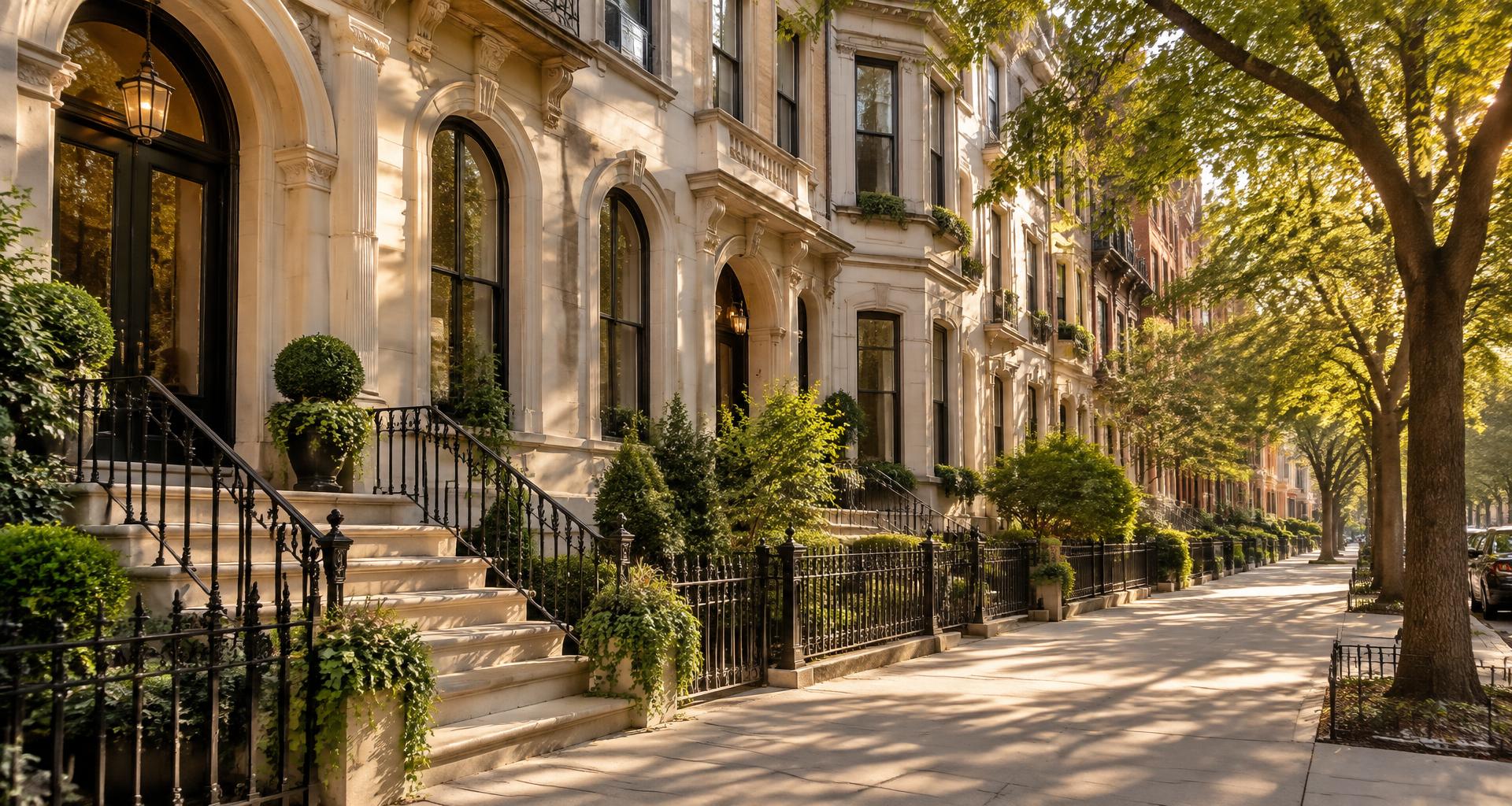 Elegant townhouses on a sunlit, tree-lined street